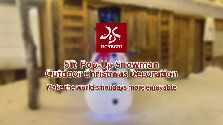 HOYECHI pop-up Christmas snowman display video with top hat, red scarf and colorful strawberry-shaped bulbs