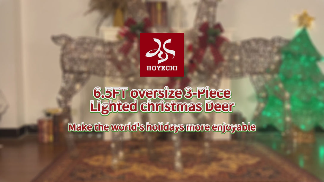 HOYECHI HYC802-L large rattan-style reindeer family with 340 warm white LEDs shown in a Christmas display.