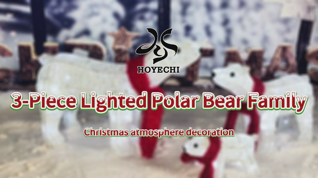 Polar bear Christmas decorations lighting up an outdoor yard with bright white LED lights for winter holiday decor
