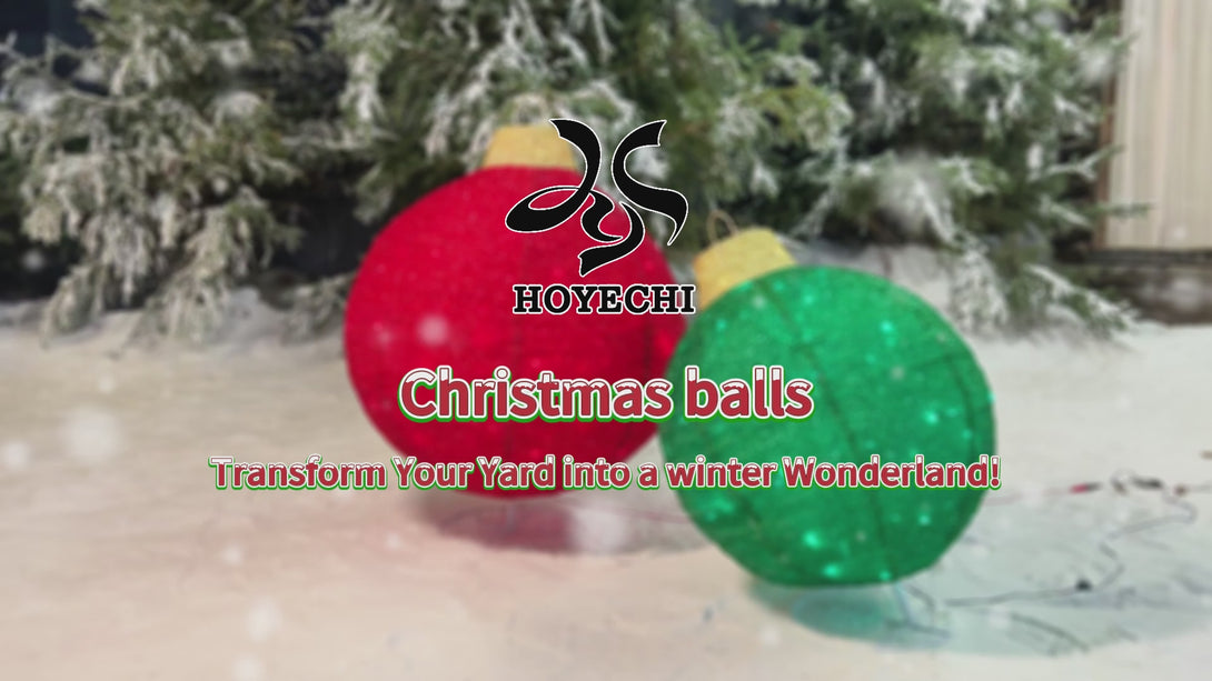 Winter night holiday yard lit by HOYECHI LED Christmas balls among trees and house exterior