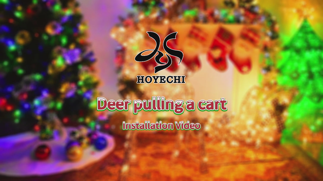 Lighted Christmas reindeer pulling sleigh decoration with warm white LED lights for indoor and outdoor holiday display
